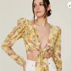Hemant & Nandita Womens Yellow Floral Crop Long Sleeve Tie Front Top XS READ